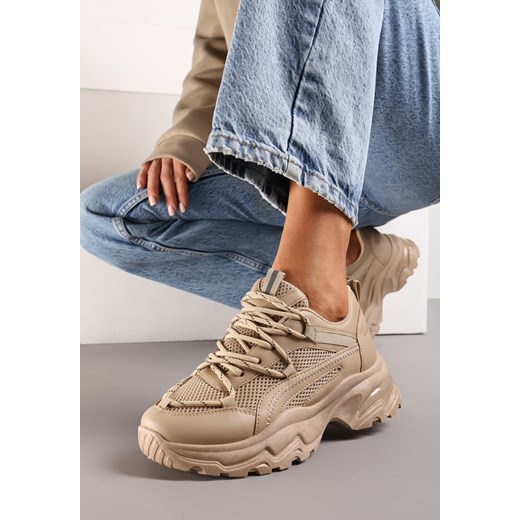 Ciemnobeżowe Sneakersy na Masywnej Podeszwie z Siateczkowym Wstawkami i Ozdobnymi Sznurówkami Ollavia ze sklepu renee.pl w kategorii Buty sportowe damskie - zdjęcie 173256851
