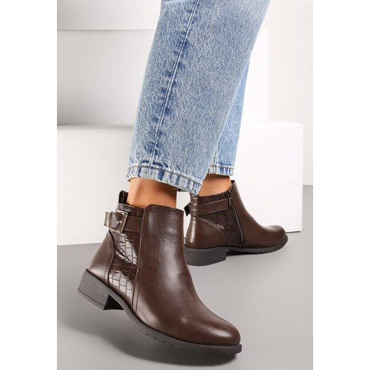 Brązowe Botki z Ekoskóry ze Zwierzęcym Motywem i Ozdobną Klamrą Avalone Renee 36 renee.pl