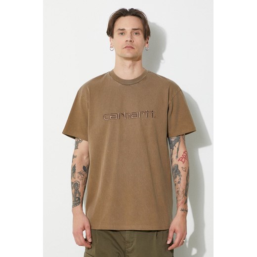 Carhartt WIP t-shirt bawełniany S/S Duster T-Shirt męski kolor brązowy z aplikacją I030110.1ZDGD ze sklepu PRM w kategorii T-shirty męskie - zdjęcie 173258180