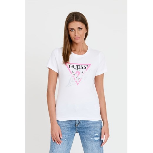 GUESS Biały T-shirt Icon Tee, Wybierz rozmiar L ze sklepu outfit.pl w kategorii Bluzki damskie - zdjęcie 173281432