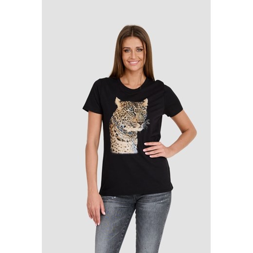 GUESS Czarny T-shirt Leopard Jewel Easy Tee, Wybierz rozmiar XL ze sklepu outfit.pl w kategorii Bluzki damskie - zdjęcie 173281444