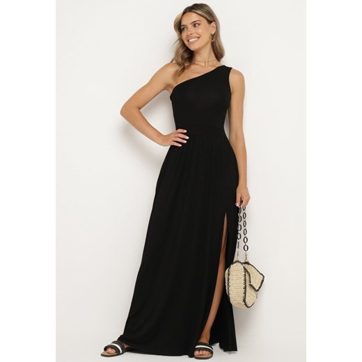 Czarna Sukienka na Jedno Ramię z Elastycznej Bawełny z Plisowanym Dołem Vereria ze sklepu Born2be Odzież w kategorii Sukienki - zdjęcie 173285562