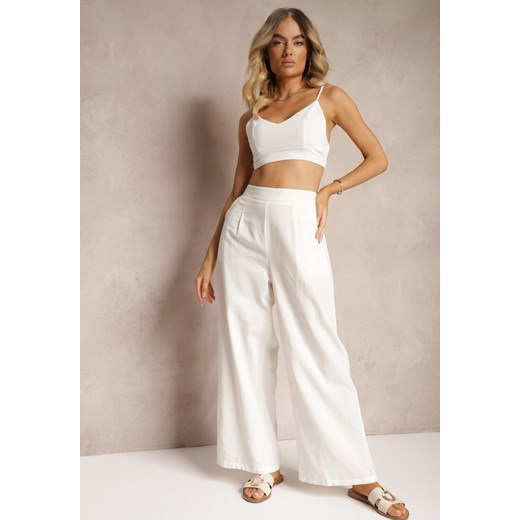 Białe Szerokie Spodnie z Lnem z Gumką w Talii Airelttis ze sklepu Renee odzież w kategorii Spodnie damskie - zdjęcie 173286031