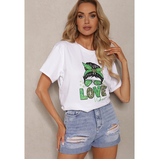 Biało-Zielony T-shirt z Bawełny Ozdobiony Nadrukiem Tarvilla ze sklepu Renee odzież w kategorii Bluzki damskie - zdjęcie 173286154