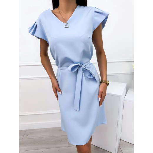 Błękitna Sukienka z Ozdobnym Rękawkiem ze sklepu ModnaKiecka.pl w kategorii Sukienki - zdjęcie 173287911