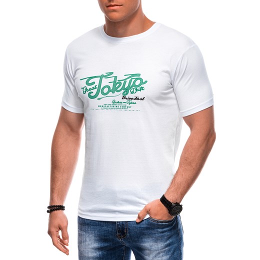 T-shirt męski Edoti biały tkaninowy z krótkimi rękawami 