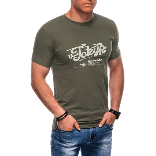T-shirt męski z nadrukiem 1964S - khaki ze sklepu Edoti w kategorii T-shirty męskie - zdjęcie 173290923