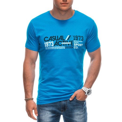 T-shirt męski Edoti niebieski w nadruki 