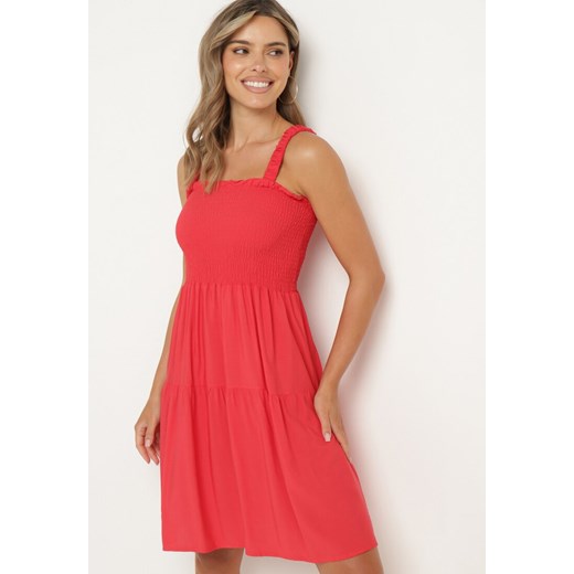 Czerwona Sukienka na Ramiączkach z Gumką w Talii i Falbankami Tiamaree ze sklepu Born2be Odzież w kategorii Sukienki - zdjęcie 173296343