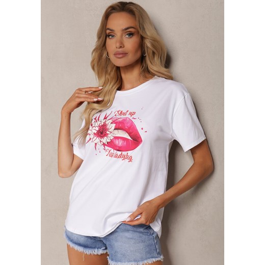 Różowy Bawełniany T-shirt Koszulka z Krótkim Rękawem i Nadrukiem Gravilla Renee ONE SIZE promocyjna cena Renee odzież
