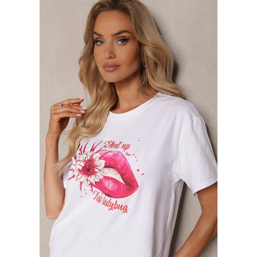 Różowy Bawełniany T-shirt Koszulka z Krótkim Rękawem i Nadrukiem Gravilla Renee ONE SIZE okazja Renee odzież