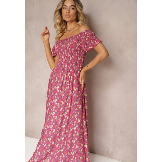 Ciemnoróżowa Kwiecista Sukienka Hiszpanka z Wiskozy z Gumką w Talii Naadia ze sklepu Renee odzież w kategorii Sukienki - zdjęcie 173296884