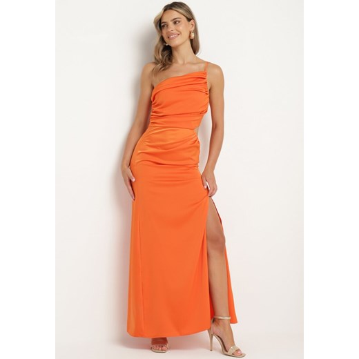 Pomarańczowa Satynowa Sukienka Asymetryczna Koktajlowa z Wycięciami w Talii i M wyprzedaż Born2be Odzież