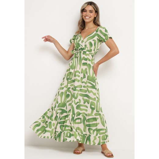 Zielona Wiskozowa Sukienka z Kopertowym Dekoltem i Materiałowym Paskiem z Gumką w Talii Vikailla ze sklepu Born2be Odzież w kategorii Sukienki - zdjęcie 173301392