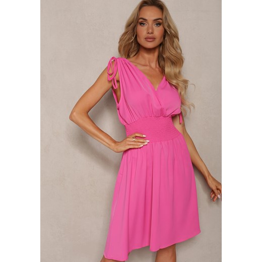 Różowa Kopertowa Sukienka z Gumką w Pasie Ściągana na Ramionach Cinnia ze sklepu Renee odzież w kategorii Sukienki - zdjęcie 173301480