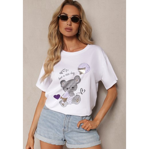 Biało-Fioletowy Bawełniany T-shirt Koszulka z Krótkim Rękawem i Nadrukiem Risaette ze sklepu Renee odzież w kategorii Bluzki damskie - zdjęcie 173301580