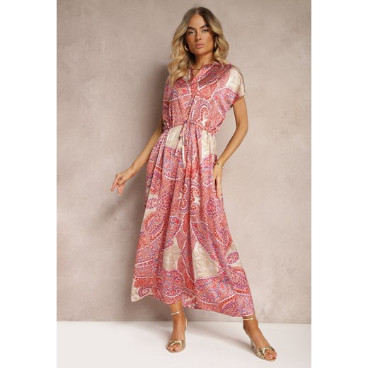 Różowo-Beżowa Sukienka Boho o Rozkloszowanym Kroju Ściągana w Talii Dimirrah ze sklepu Renee odzież w kategorii Sukienki - zdjęcie 173301660
