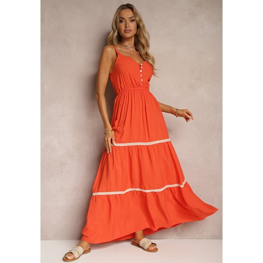 Pomarańczowa Sukienka Zapinana na Guziki na Ramiączkach z Gumką w Talii i Falbanką Tiamalia ze sklepu Renee odzież w kategorii Sukienki - zdjęcie 173307422