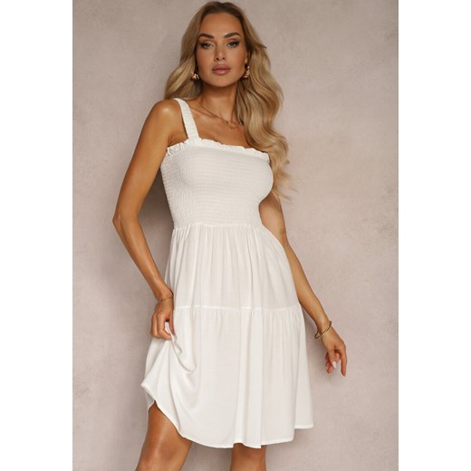 Biała Sukienka na Ramiączkach z Falbanką i Gumką w Pasie Tiamare ze sklepu Renee odzież w kategorii Sukienki - zdjęcie 173307432