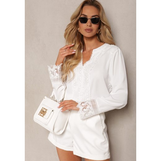 Biała Bluzka o Koronkowym Wykończeniu z Długim Rękawem Vikori ze sklepu Renee odzież w kategorii Bluzki damskie - zdjęcie 173307513