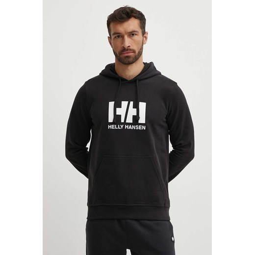Helly Hansen bluza bawełniana HH LOGO HOODIE męska kolor czarny z kapturem z aplikacją 33977 ze sklepu ANSWEAR.com w kategorii Bluzy męskie - zdjęcie 173317001
