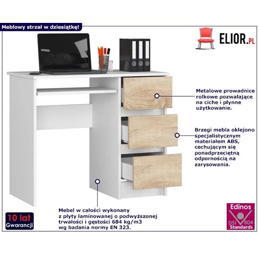 Wąskie biurko do pracy białe + dąb sonoma - Miren 4X Elior One Size Edinos.pl