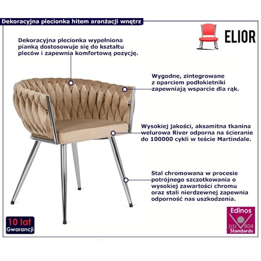 Beżowe nowoczesne krzesło fotelowe welurowe - Onis Elior One Size Edinos.pl