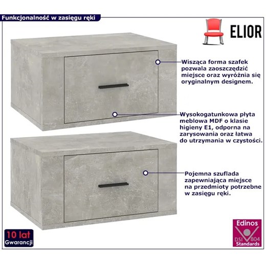 Komplet wiszących szafek nocnych w kolorze betonu - Efos Elior One Size Edinos.pl