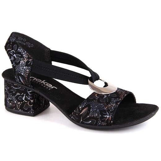 Komfortowe sandały damskie na obcasie z gumką czarne Rieker 64683-91 ze sklepu ButyModne.pl w kategorii Sandały damskie - zdjęcie 173321170