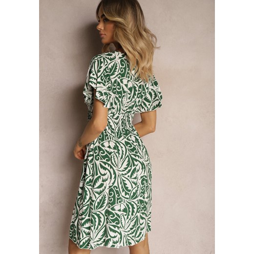Zielono-Beżowa Wiskozowa Sukienka o Rozkloszowanym Kroju z Kopertowym Dekoltem Renee L promocyjna cena Renee odzież