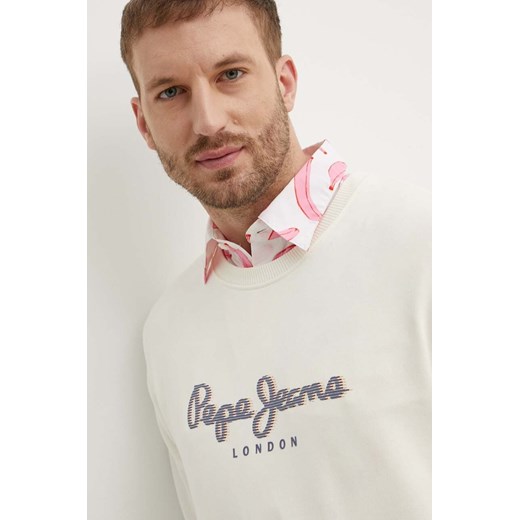 Pepe Jeans bluza bawełniana SAUL CREW męska kolor beżowy z nadrukiem PM582702 ze sklepu ANSWEAR.com w kategorii Bluzy męskie - zdjęcie 173324441