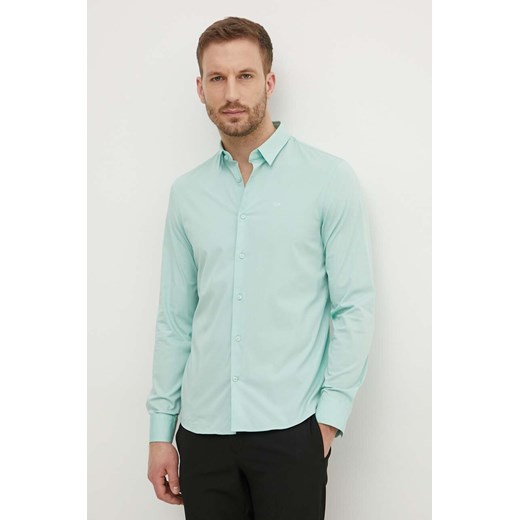 Calvin Klein koszula męska kolor zielony slim z kołnierzykiem klasycznym ze sklepu ANSWEAR.com w kategorii Koszule męskie - zdjęcie 173324501