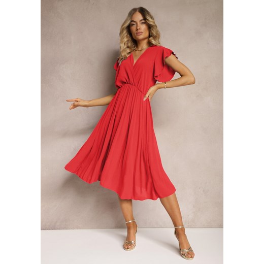 Czerwona Sukienka z Trójkątnym Dekoltem z Gumką w Pasie o Plisowanym Kroju Doetta ze sklepu Renee odzież w kategorii Sukienki - zdjęcie 173327680