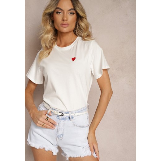 Biały Bawełniany T-shirt z Ozdobną Naszywką w Kształcie Serca Viklara ze sklepu Renee odzież w kategorii Bluzki damskie - zdjęcie 173327710
