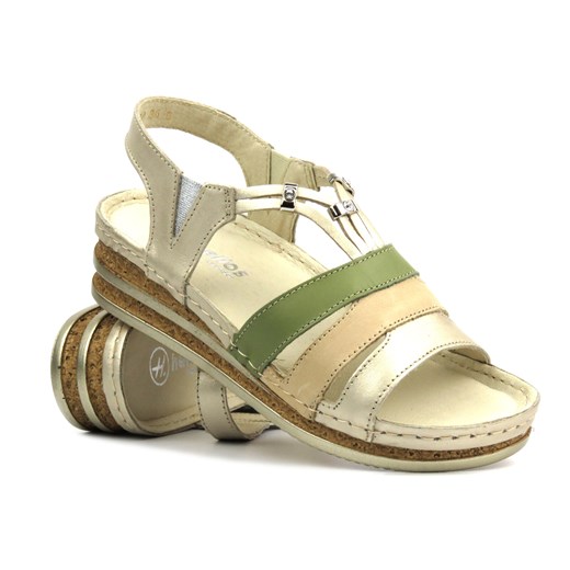 Skórzane sandały damskie na delikatnym koturnie - HELIOS Komfort 124, złote Helios Komfort 40 ulubioneobuwie