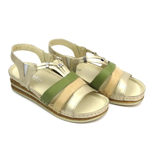 Skórzane sandały damskie na delikatnym koturnie - HELIOS Komfort 124, złote Helios Komfort 41 ulubioneobuwie