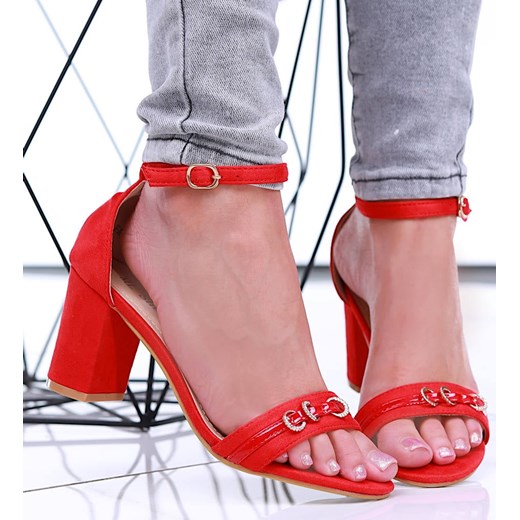 Czerwone sandały na obcasie słupku /F6-3 16323 T142/ ze sklepu Pantofelek24.pl w kategorii Sandały damskie - zdjęcie 173332604