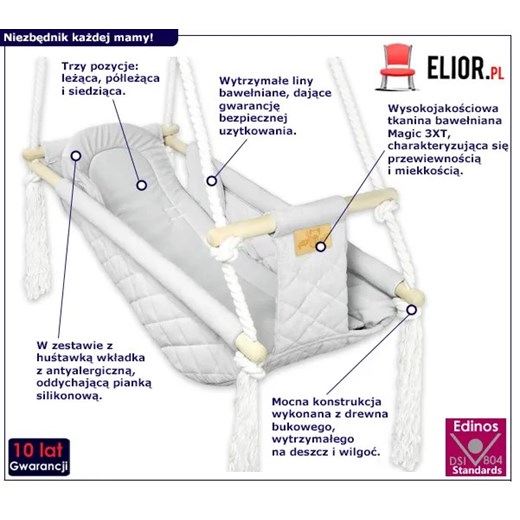 Huśtawka dziecięca z pięciopunktowymi pasami szara - Zakir Elior One Size Edinos.pl