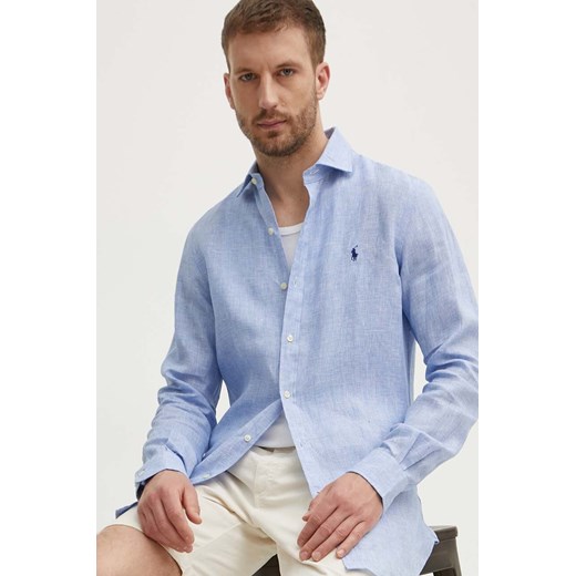 Polo Ralph Lauren koszula lniana kolor niebieski slim z kołnierzykiem włoskim 712938931 ze sklepu ANSWEAR.com w kategorii Koszule męskie - zdjęcie 173337314