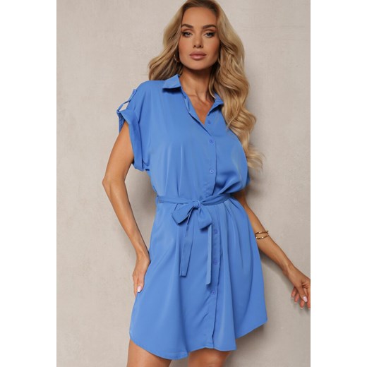 Niebieska Rozkloszowana Sukienka Koszulowa z Materiałowym Paskiem w Talii Vikira ze sklepu Renee odzież w kategorii Sukienki - zdjęcie 173338161