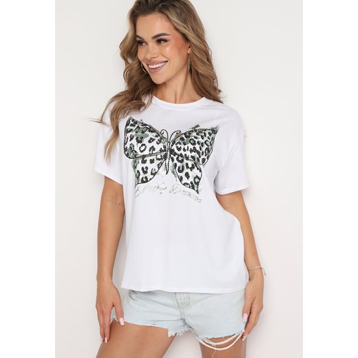 Biało-Zielony Bawełniany T-shirt z Nadrukiem Risalyn ze sklepu Born2be Odzież w kategorii Bluzki damskie - zdjęcie 173338770