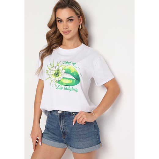 Biało-Zielony T-shirt z Bawełny z Ozdobnym Printem Xarilla ze sklepu Born2be Odzież w kategorii Bluzki damskie - zdjęcie 173338791