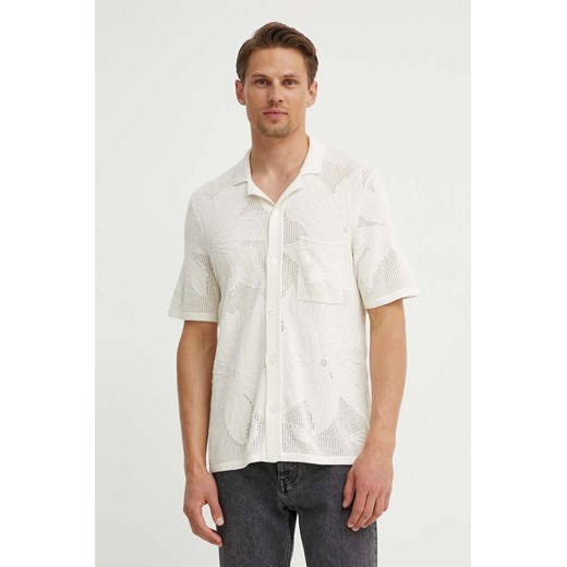 Samsoe Samsoe koszula z domieszką lnu SACONALD kolor beżowy regular M24200015 ze sklepu ANSWEAR.com w kategorii Koszule męskie - zdjęcie 173354914