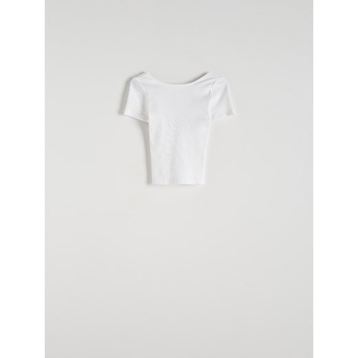 Reserved - Prążkowany t-shirt z wycięciem na plecach - biały ze sklepu Reserved w kategorii Bluzki damskie - zdjęcie 173365730