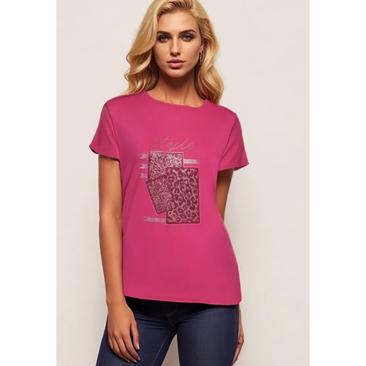 Ciemnoróżowy Bawełniany T-shirt z Ozdobnym Napisem i Cyrkoniami Krisiona ze sklepu Born2be Odzież w kategorii Bluzki damskie - zdjęcie 173370873
