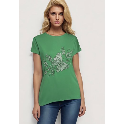 Zielony Klasyczny Bawełniany T-shirt z Nadrukiem Wiloa ze sklepu Born2be Odzież w kategorii Bluzki damskie - zdjęcie 173370891