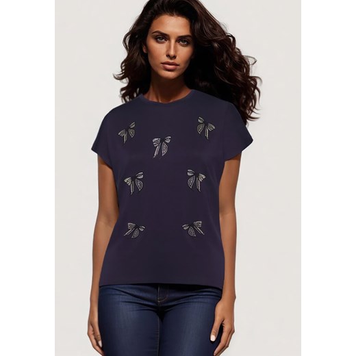 Granatowy T-shirt z Bawełny z Kokardkami Ozdobionymi Cyrkoniami Rissamore ze sklepu Born2be Odzież w kategorii Bluzki damskie - zdjęcie 173370913