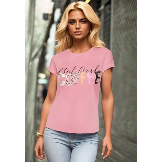 Różowy T-shirt z Napisem z Motywem Kawy Dimrrue ze sklepu Born2be Odzież w kategorii Bluzki damskie - zdjęcie 173370981