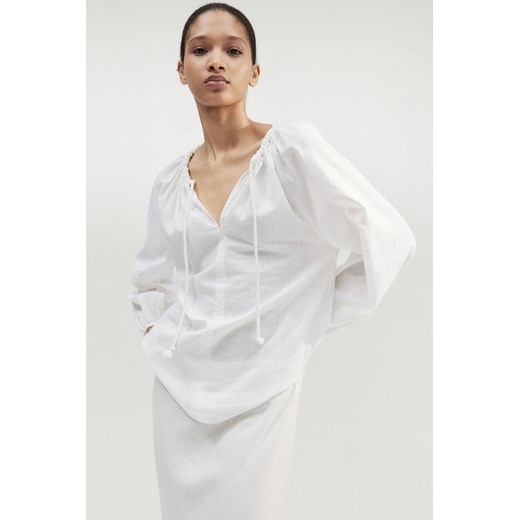 H & M - Tunikowa bluzka z domieszką lnu - Biały ze sklepu H&M w kategorii Bluzki damskie - zdjęcie 173372224