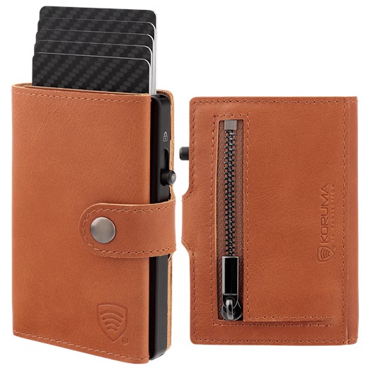 Skórzany portfel męski z kieszenią na bilon oraz aluminiowym etui z wysuwanymi kartami (brązowy) ze sklepu Koruma ID Protection w kategorii Portfele męskie - zdjęcie 173375184